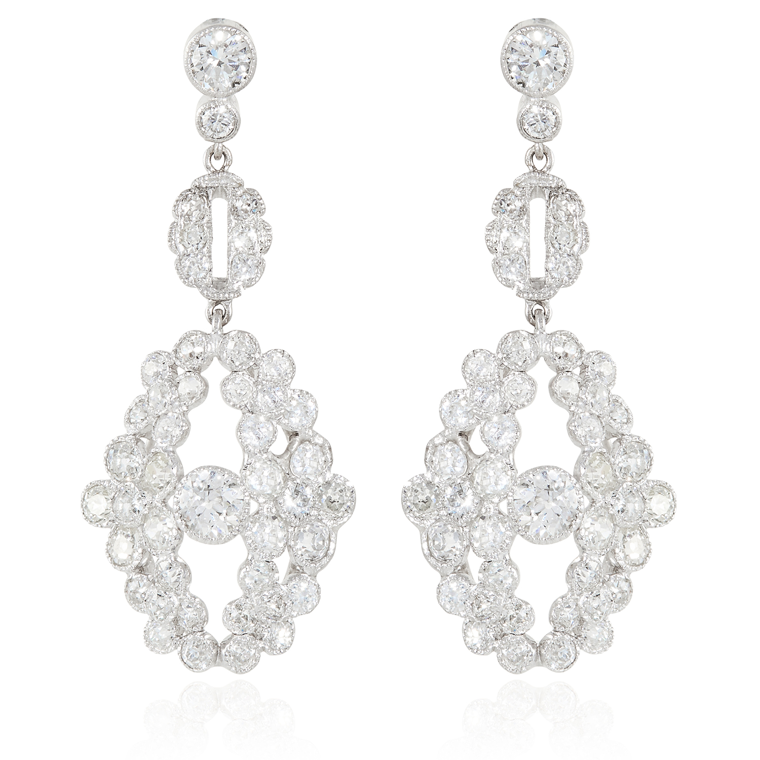 A PAIR OF ANTIQUE 5.25 CARAT DIAMOND EARRINGS in 18ct white gold, each set with a principal old