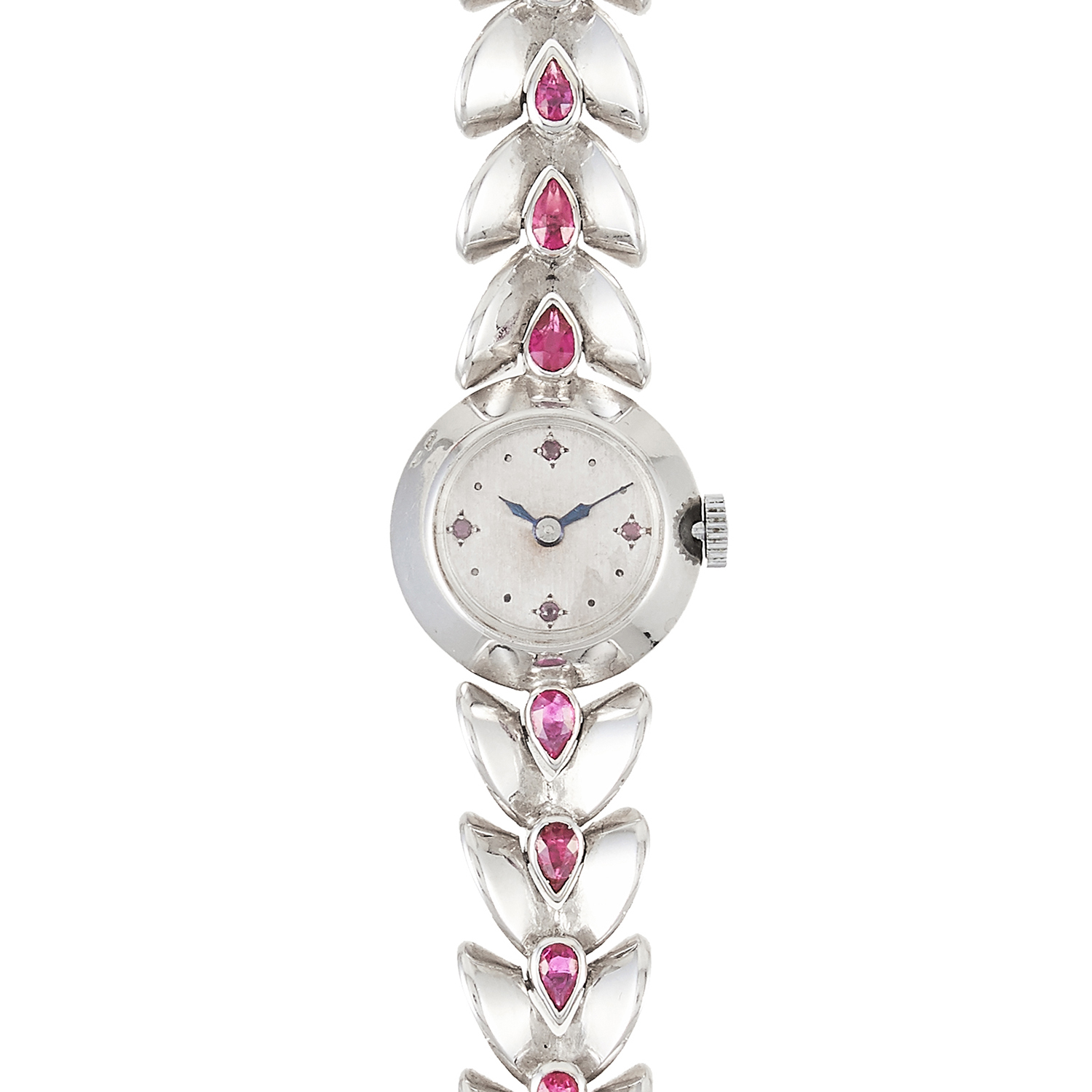 A RUBY LADIES WRISTWATCH, FRENCH in white gold, the fancy link chain is set with pear cut rubies and - Image 2 of 2