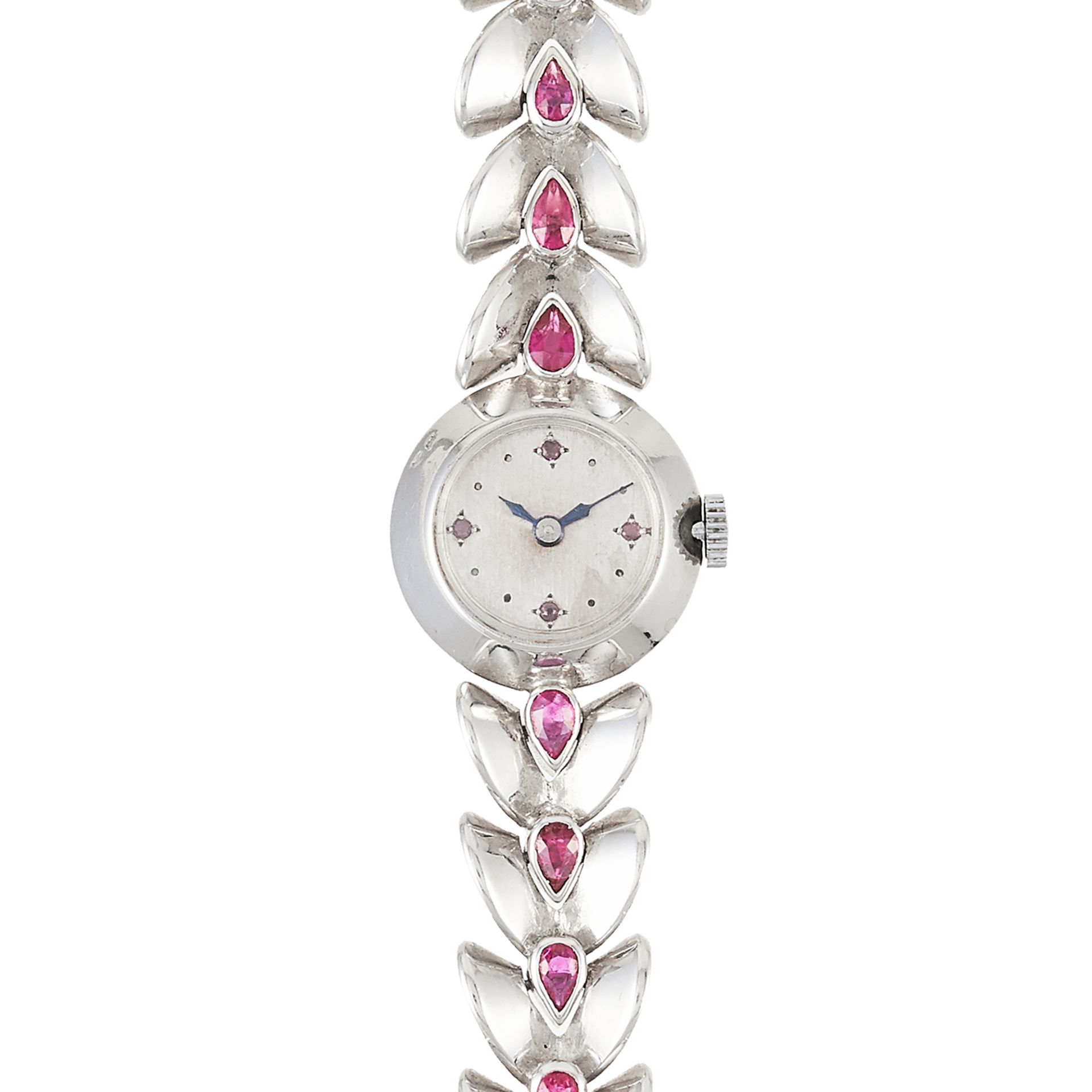 A RUBY LADIES WRISTWATCH, FRENCH in white gold, the fancy link chain is set with pear cut rubies and - Bild 2 aus 2