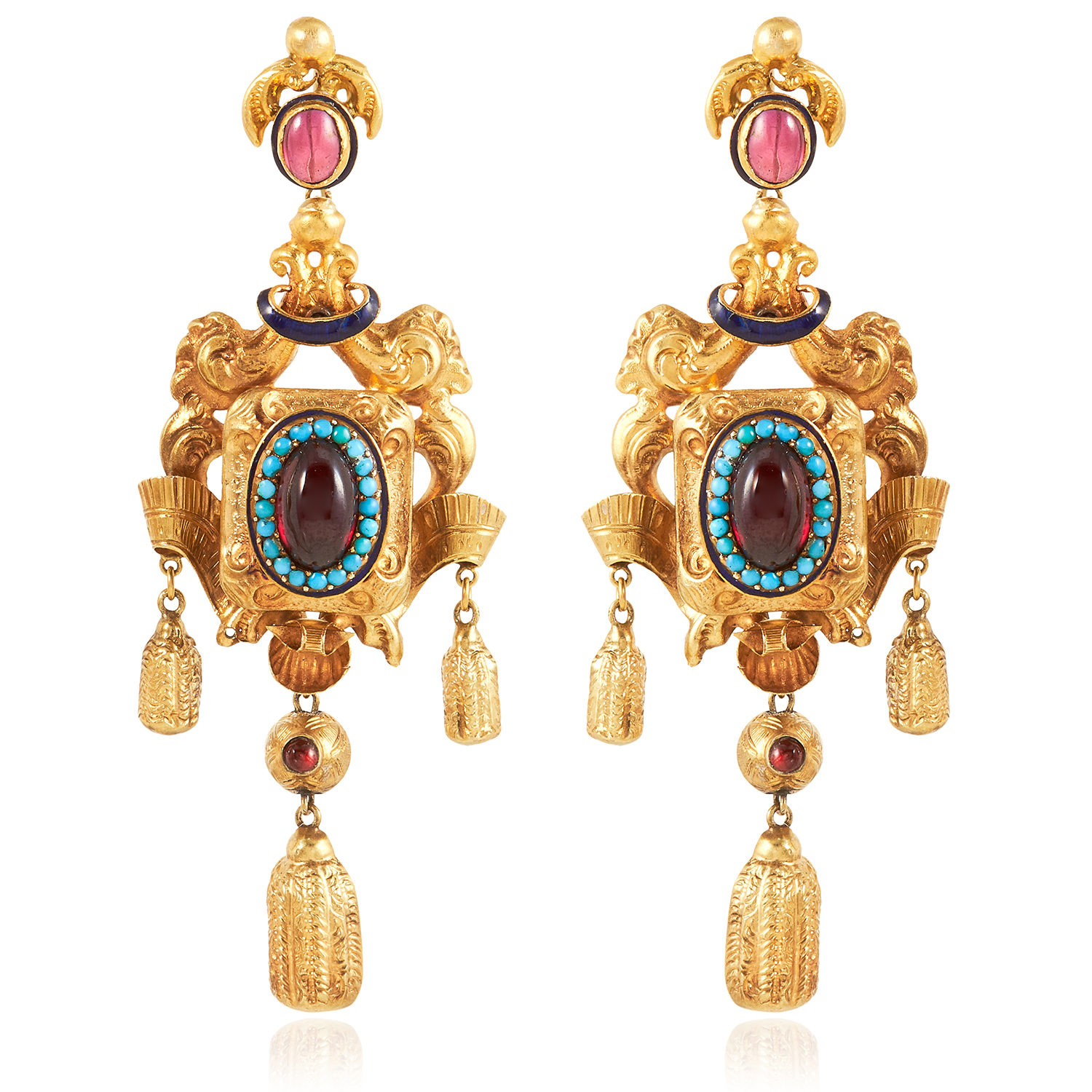 A PAIR OF ANTIQUE GARNET, TURQUOISE AND ENAMEL EARRINGS in high carat yellow gold, each set with