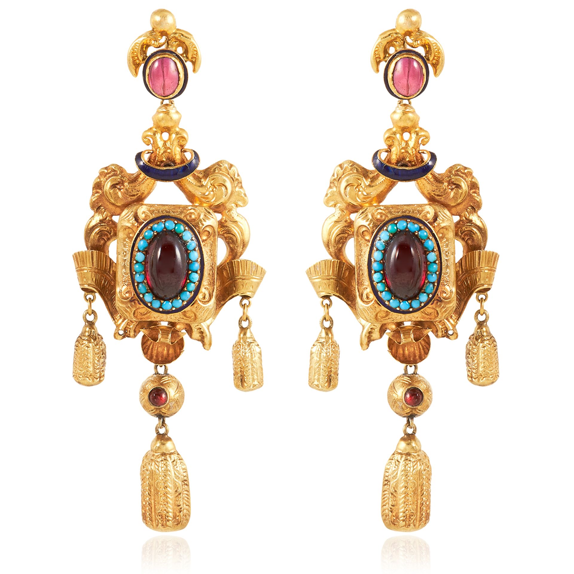 A PAIR OF ANTIQUE GARNET, TURQUOISE AND ENAMEL EARRINGS in high carat yellow gold, each set with