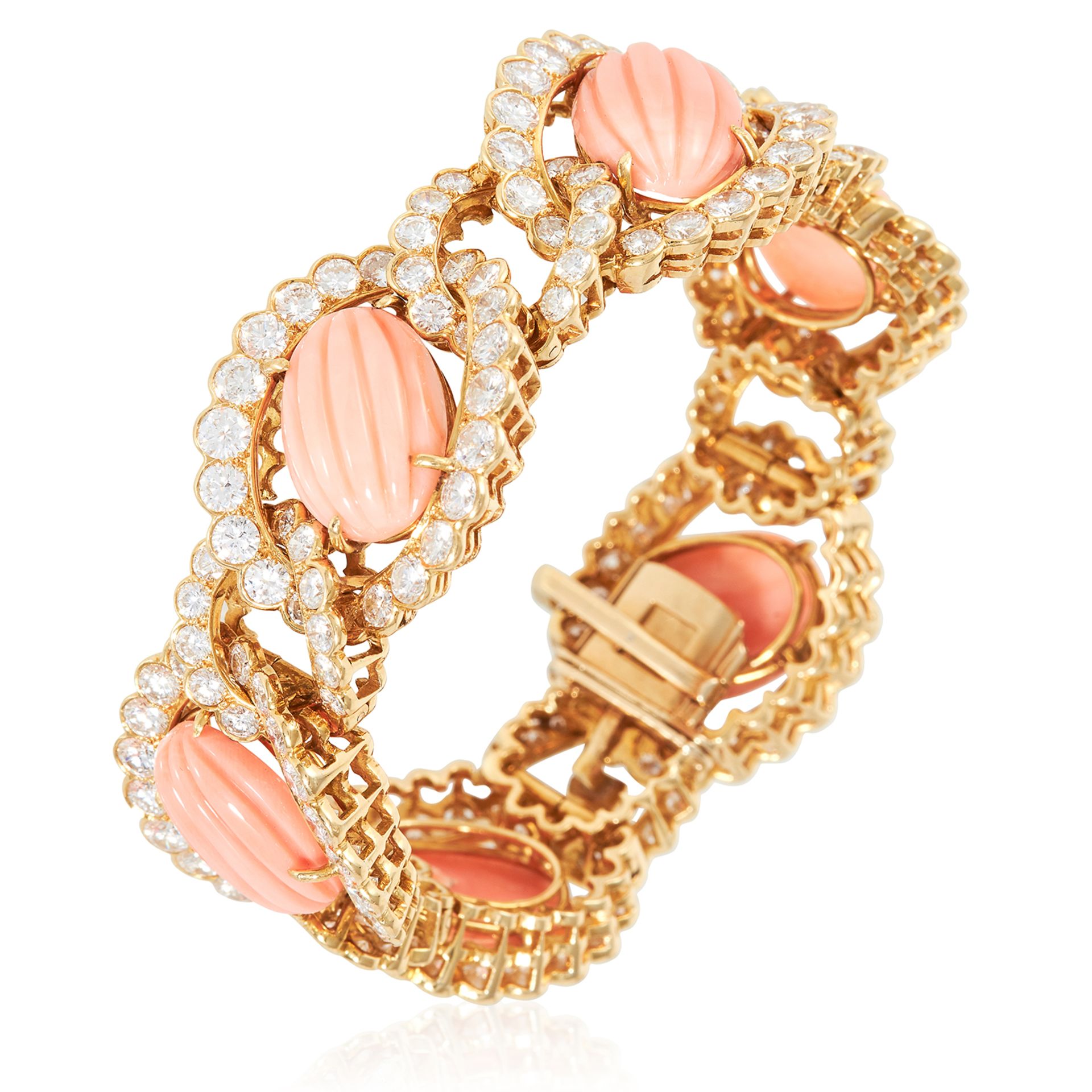 A VINTAGE CORAL AND DIAMOND BRACELET, VAN CLEEF & ARPELS CIRCA 1955 in 18ct yellow gold, the six