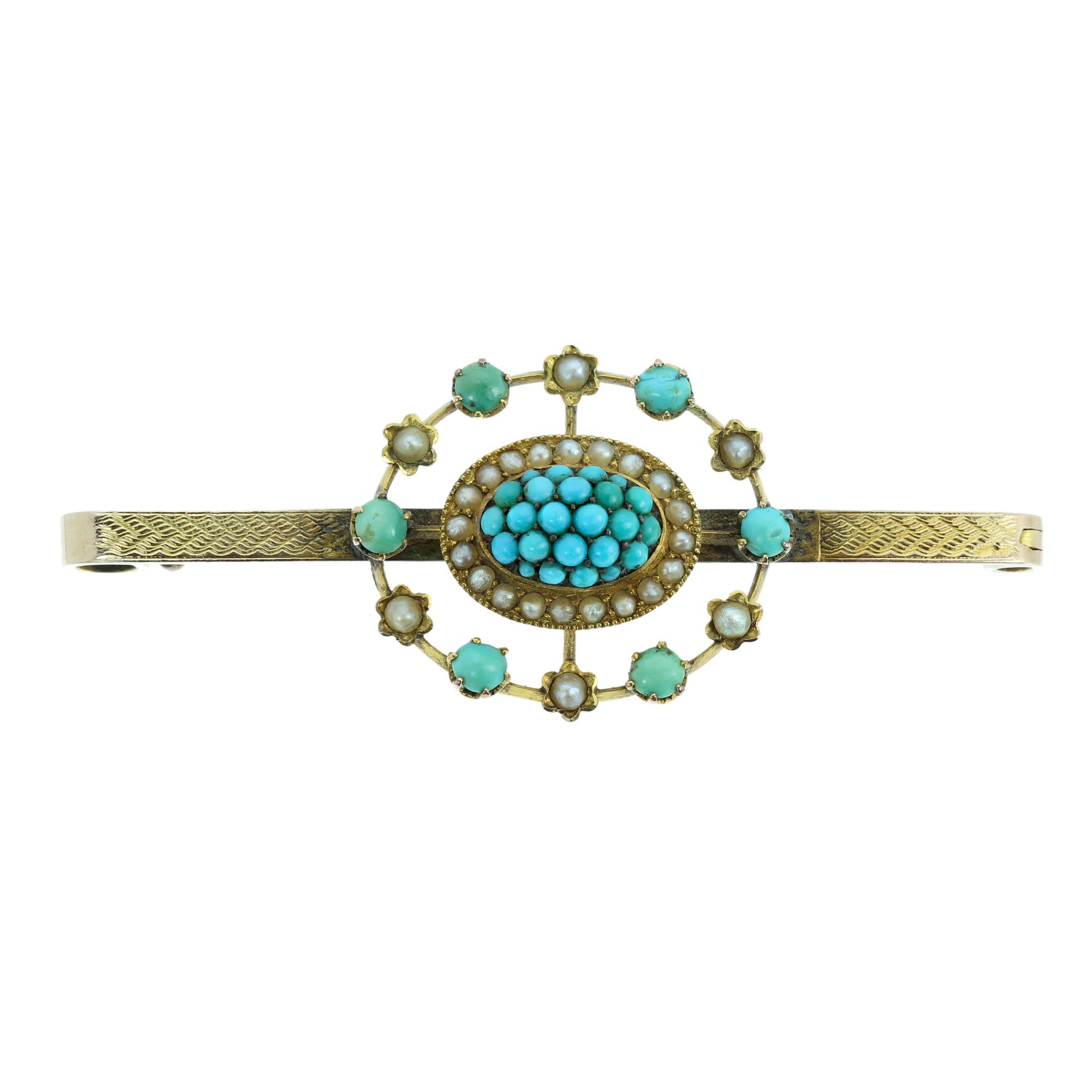 AN ANTIQUE TURQUOISE AND PEARL BEAD BROOCH in yellow gold, set with a central turquoise berry