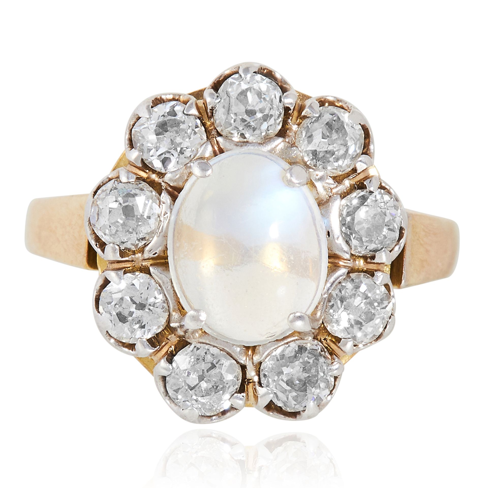 A MOONSTONE AND DIAMOND CLUSTER RING in yellow gold, set with a cabochon moonstone in a cluster of