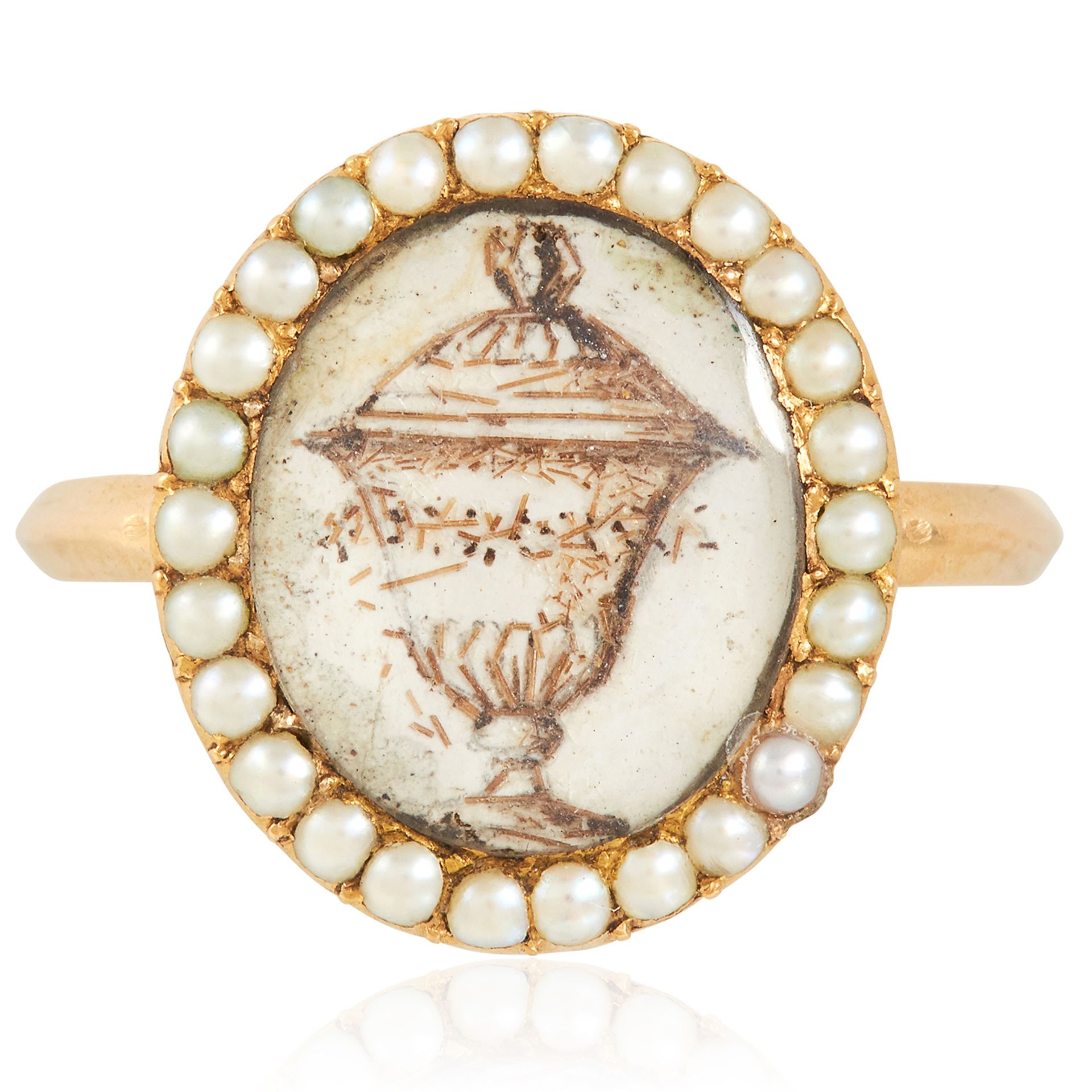 AN ANTIQUE GEORGIAN MINIATURE AND PEARL MOURNING RING, 18TH CENTURY in high carat yellow gold,