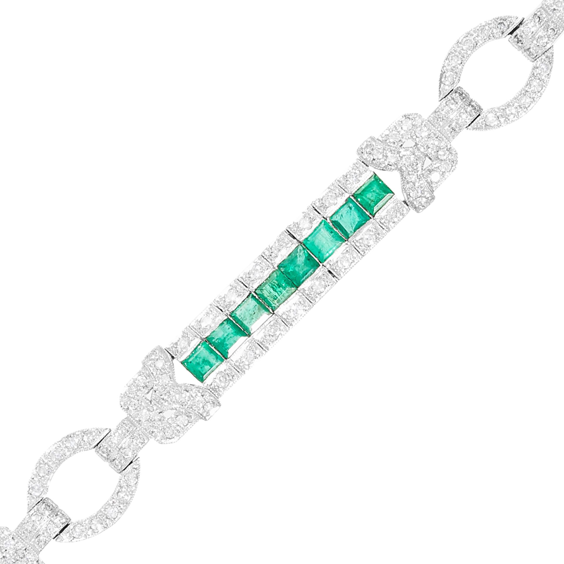 AN ANTIQUE EMERALD AND DIAMOND BRACELET in white gold or platinum, comprising three emerald and - Image 2 of 2