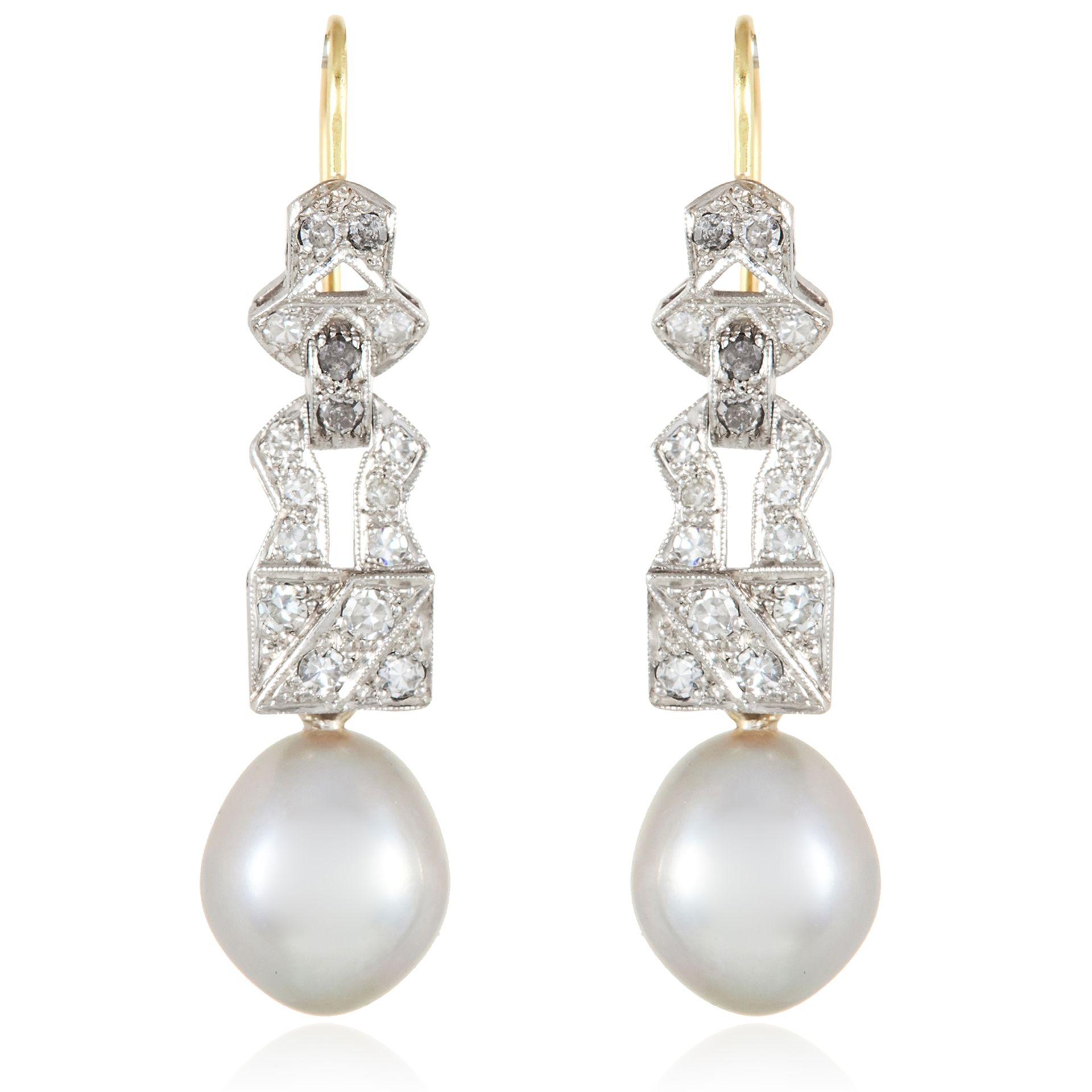 A PAIR OF ART DECO PEARL AND DIAMOND EARRINGS in 18ct yellow gold and platinum, each suspending a