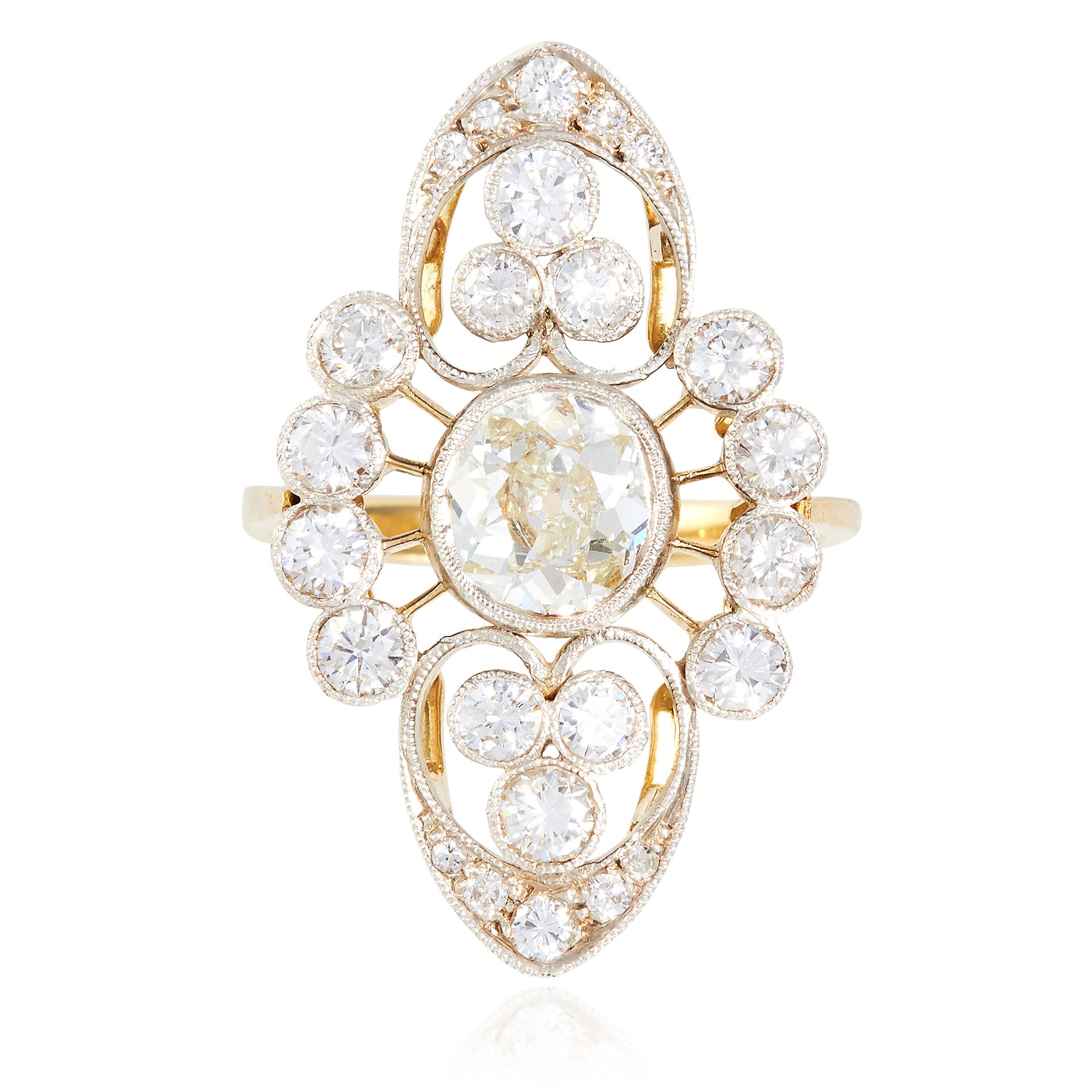 A 4.07 CARAT DIAMOND DRESS RING in yellow gold, the open scrolling frame is set with a central old