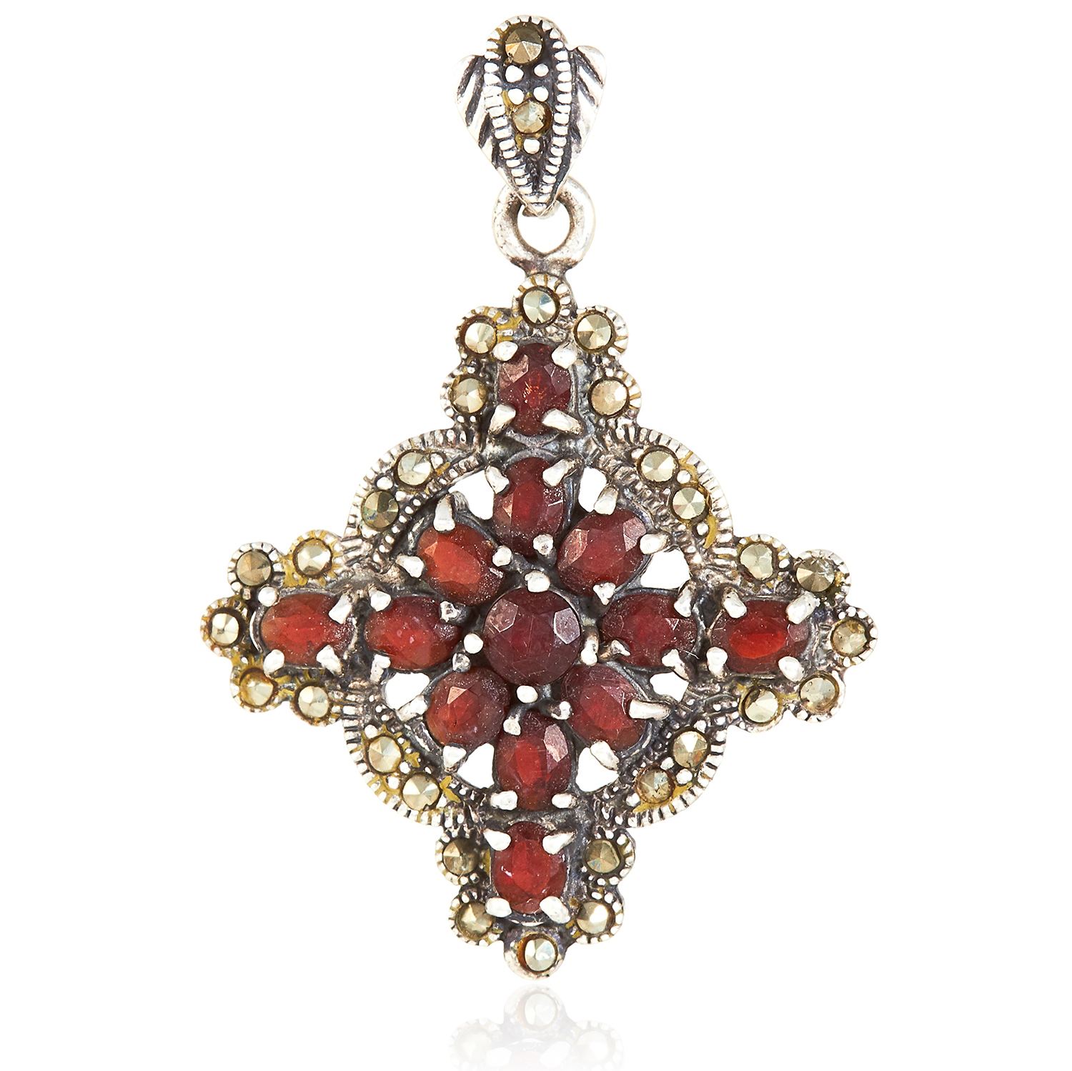 A RED GEMSTONE AND MARCASITE CROSS PENDANT in sterling silver, set with round and oval cut red