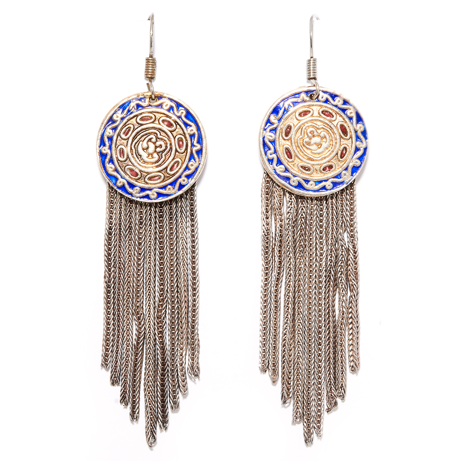 A PAIR OF ENAMEL TASSEL EARRINGS in sterling silver, each comprising of a circular drop set with