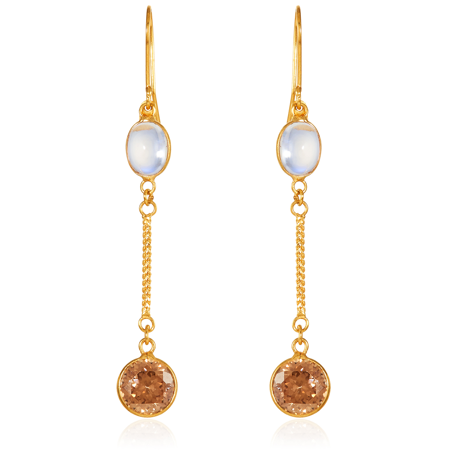 A PAIR OF MOONSTONE AND ZIRCON EARRINGS in 14ct yellow gold, set comprising of a cabochon