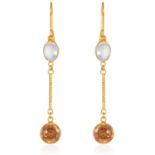 A PAIR OF MOONSTONE AND ZIRCON EARRINGS in 14ct yellow gold, set comprising of a cabochon