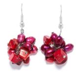 A PAIR OF PEARL AND RED HARD STONE EARRINGS in silver, comprising of a cluster of pink pearls and