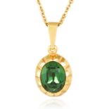 A GREENSTONE PENDANT in yellow gold, set with an oval cut green stone, 2.5cm, 3.5g.