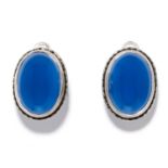 A PAIR OF BLUE STONE EARRINGS in sterling silver, each set with a cabochon blue gemstone, stamped