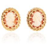 A PAIR OF CAMEO EARRINGS in yellow gold, depicting a lady, unmarked, 2.14g.