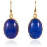 A PAIR OF LAPIS LAZULI EARRINGS in yellow gold, each set with an oval cabochon lapis lazuli,