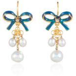 A PAIR OF PEARL AND ENAMEL EARRINGS in yellow gold, each set with an enamel bow suspending three