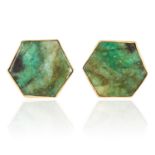 A PAIR OF EMERALD EARRINGS in yellow gold, each set with a polished emerald in hexagonal shape,