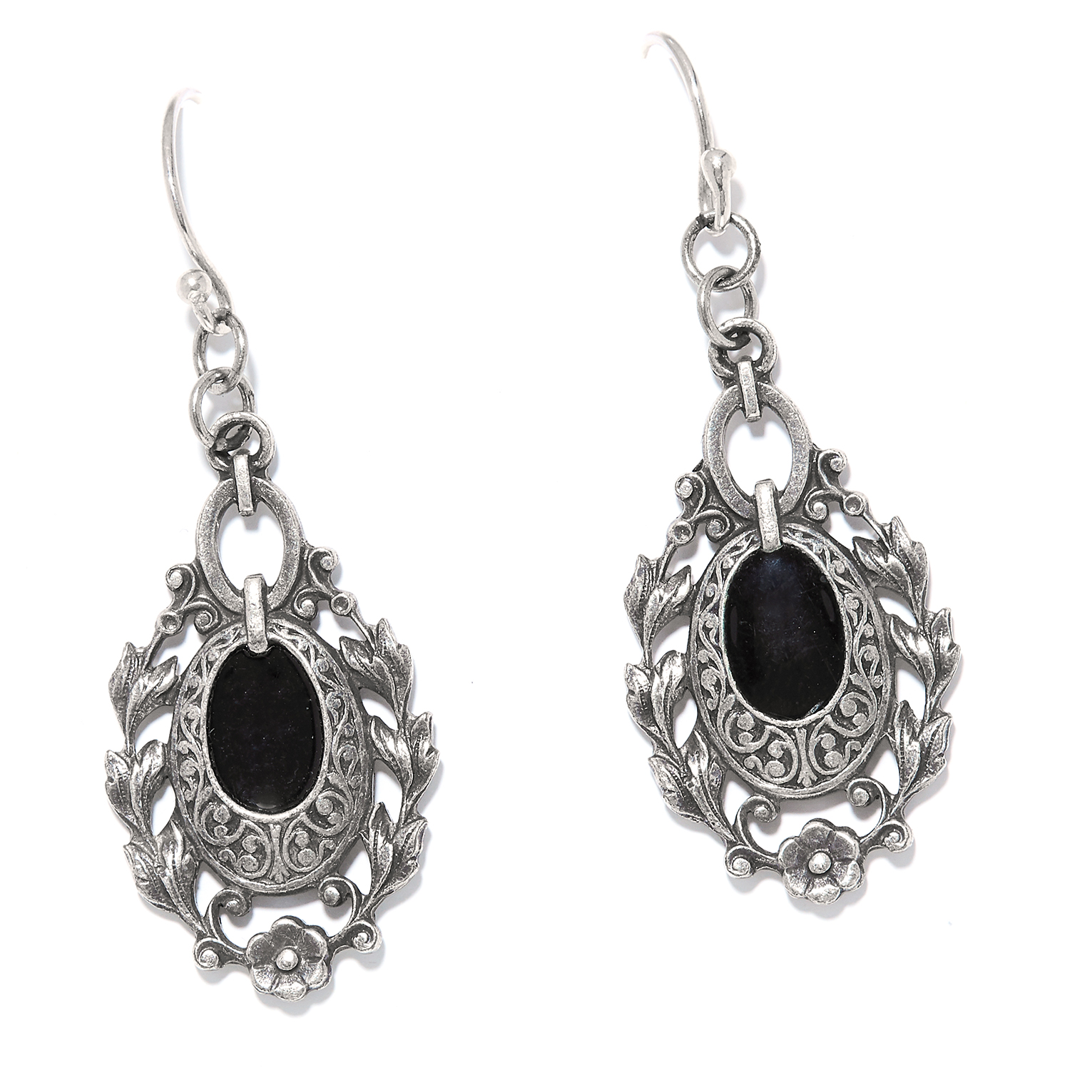 A PAIR OF SILVER AND ENAMEL EARRINGS in sterling silver, in foliate motif set with black enamel,