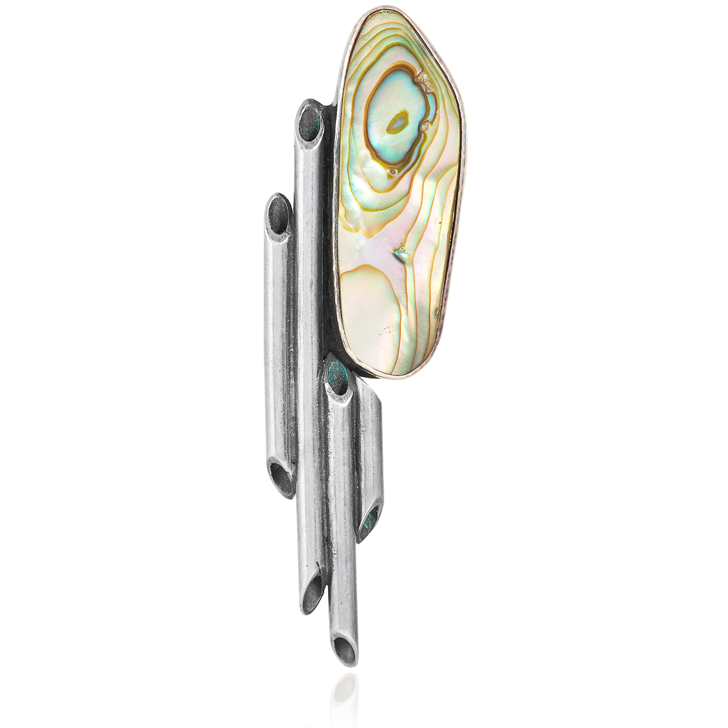 A MOTHER OF PEARL BROOCH in sterling silver, set with mother of pearl in abstract design, stamped