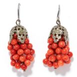 A PAIR OF CORAL EARRINGS in silver, suspending rows of coral beads, unmarked, 3.5cm, 7.30g.