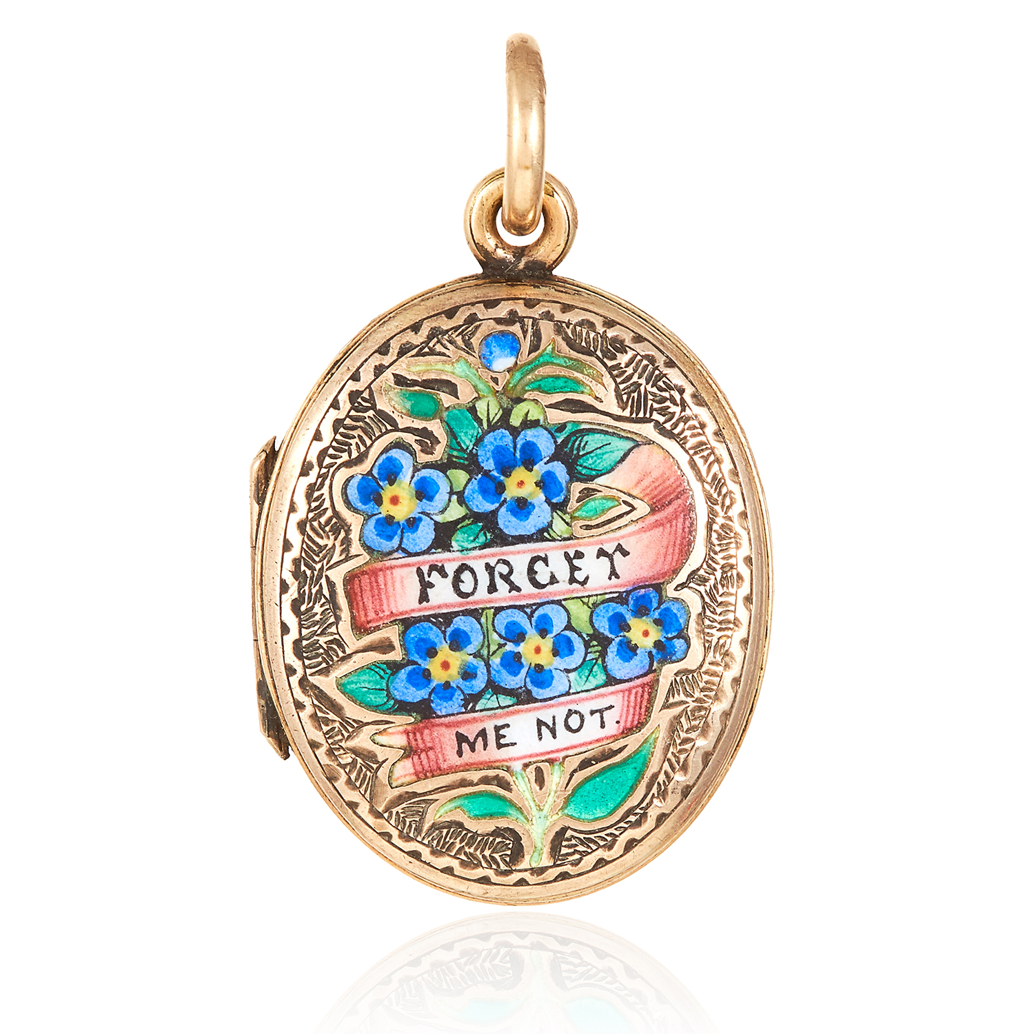 AN ANTIQUE ENAMEL PENDANT in gold or silver, set with enamel and the phrase 'forget me not',