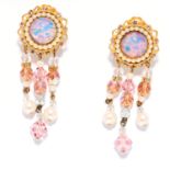 A PAIR OF GEMSET EARRINGS in yellow metal, set with pink stones and pearls, each suspending three