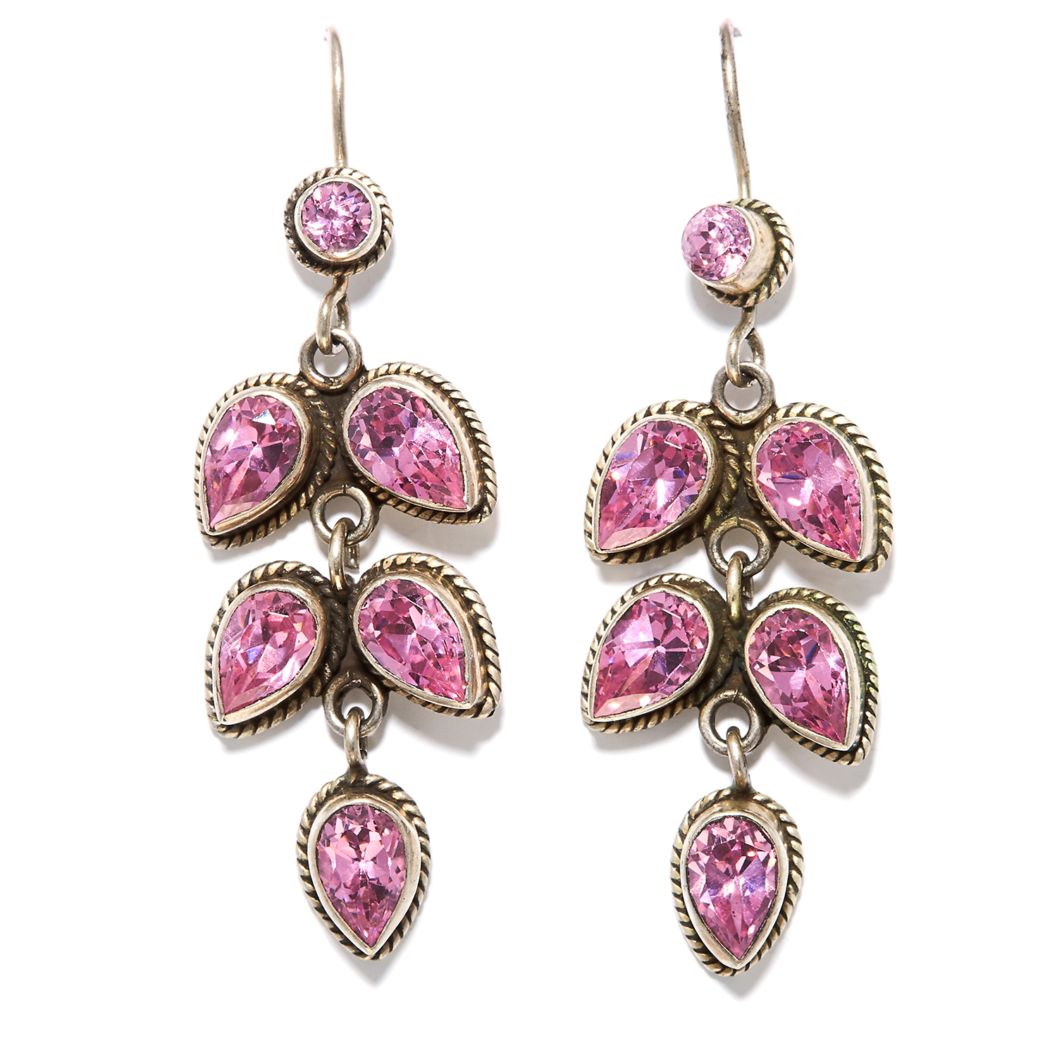 A PAIR OF GEM SET EARRINGS in sterling silver, set with round and pear cut pink gemstones, stamped