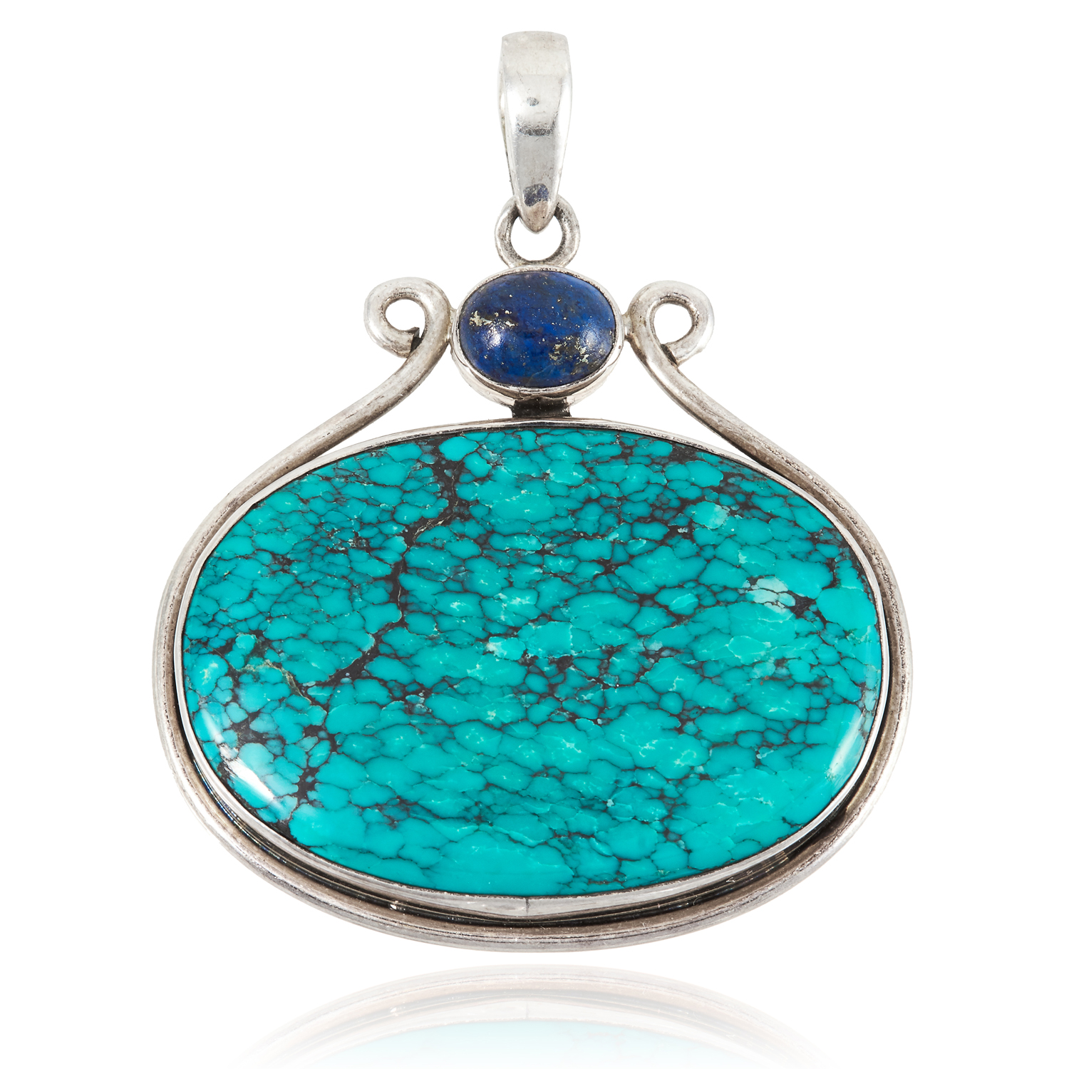 A TURQUOISE AND LAPIS LAZULI PENDANT AND EARRING SUITE in sterling silver, set with polished