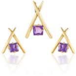 AN AMETHYST PENDANT AND EARRING SUITE in yellow gold, each set with a square cut amethyst between