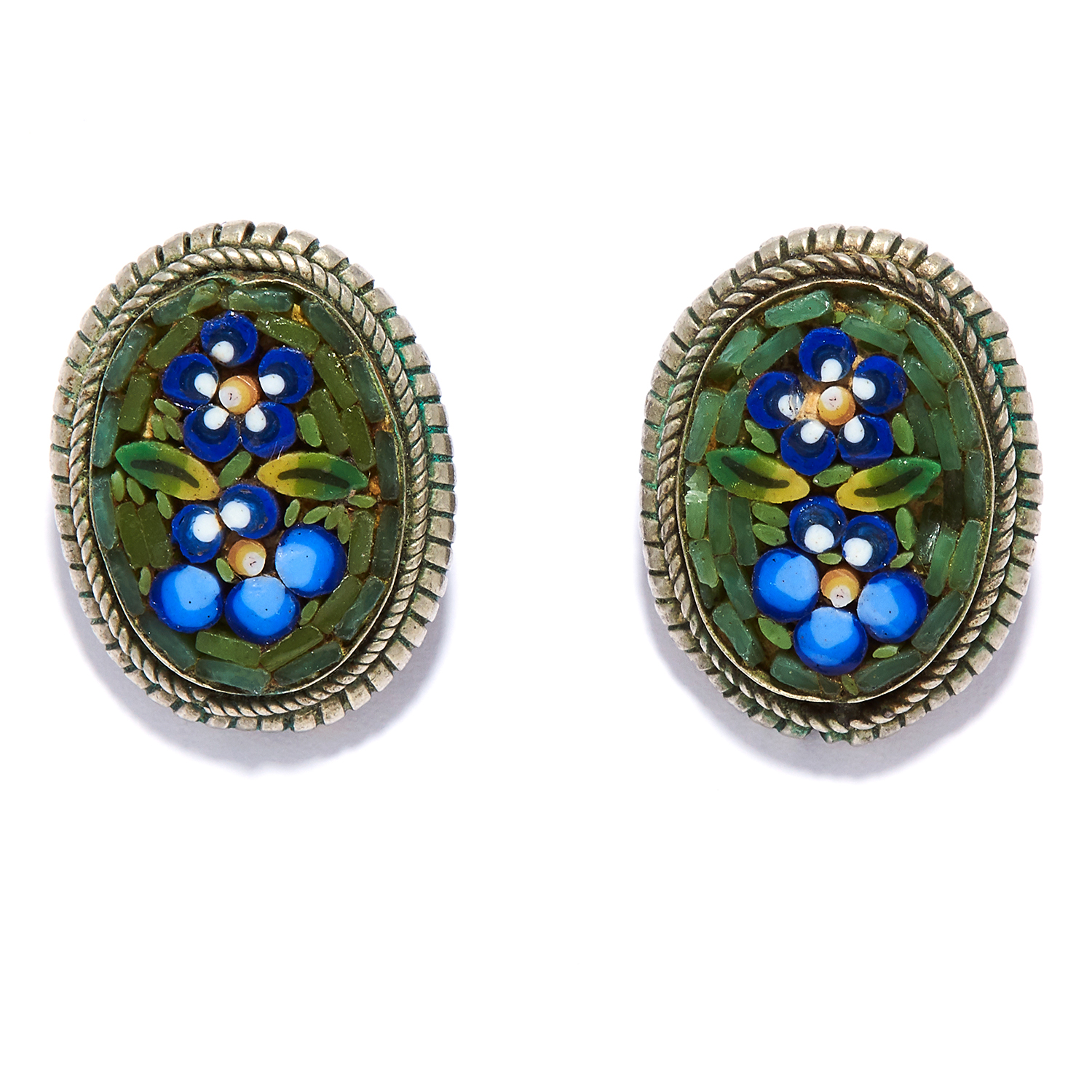 A PAIR OF MICRO MOSAIC HARD STONE EARRINGS in white metal, depicting flowers in hard stone micro