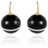 A PAIR OF BANDED AGATE EARRINGS in high carat yellow gold, each set with a polished agate bead,