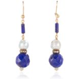 A PAIR OF PEARL, LAPIS LAZULI AND WHITE GEMSTONE EARRINGS in yellow metal, each set with white