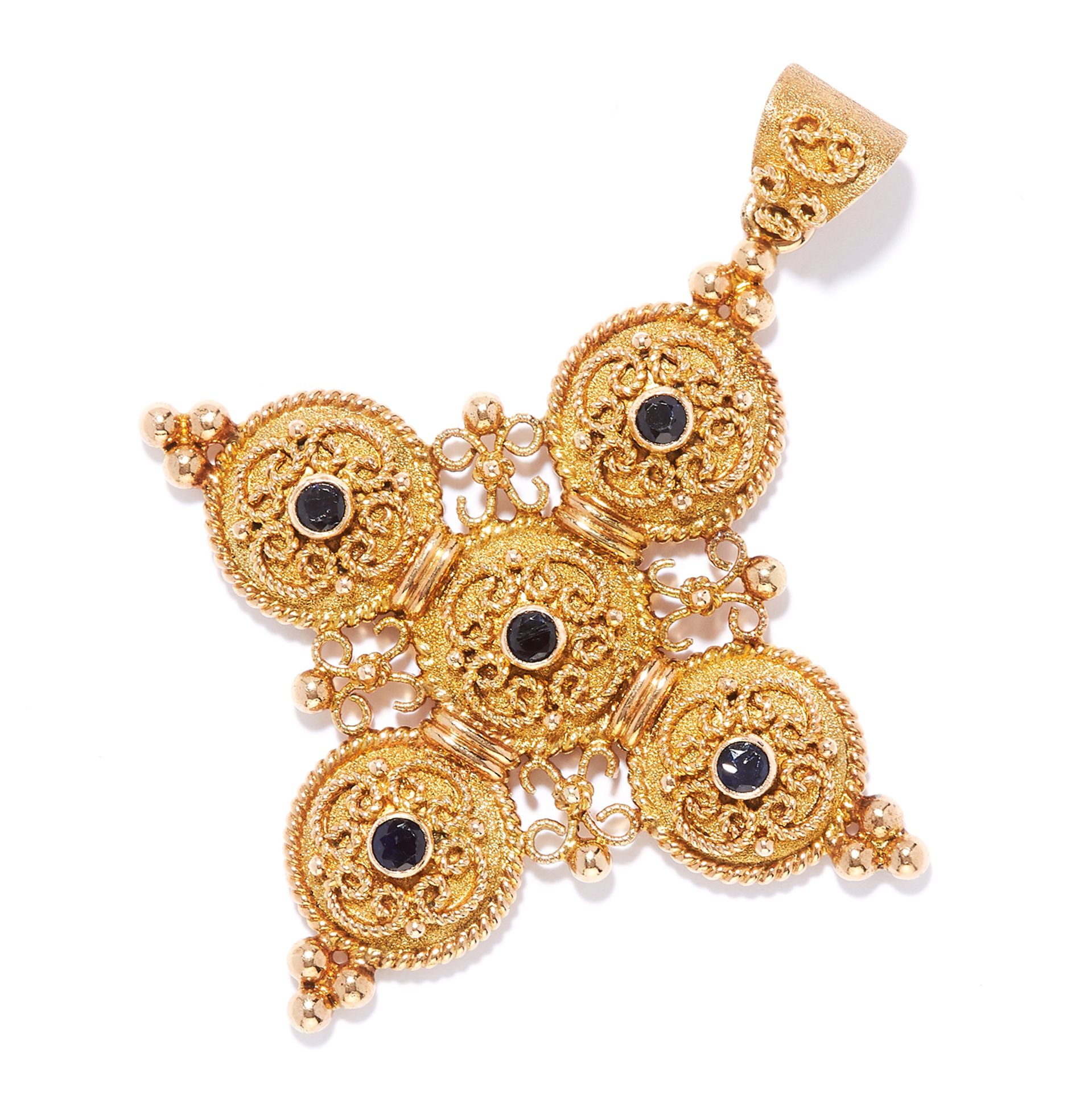 ANTIQUE SAPPHIRE CROSS PENDANT in 18ct yellow gold, comprising of a cross set with five round cut