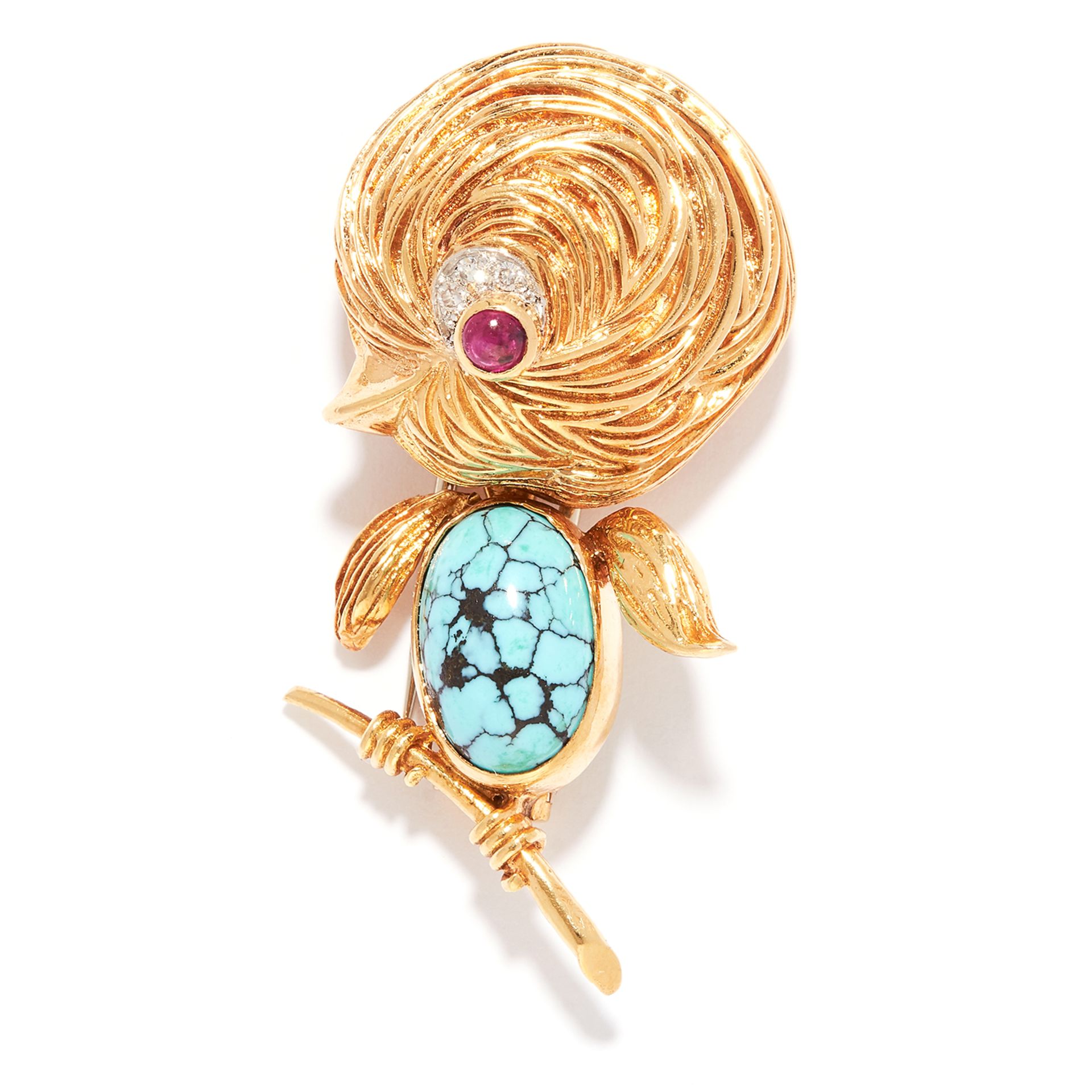 VINTAGE TURQUOISE, RUBY AND DIAMOND BIRD BROOCH, VAN CLEEF & ARPELS in 18ct yellow gold, set with