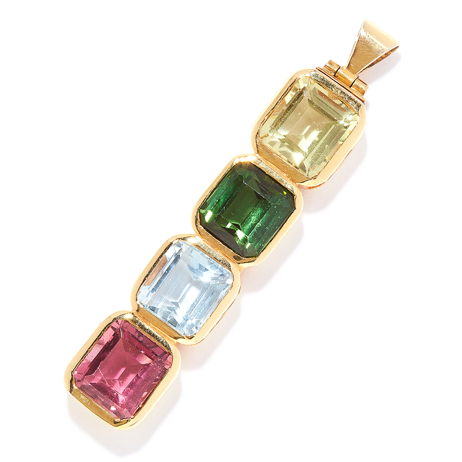 AQUAMARINE, HELIODOR AND TOURMALINE PENDANT in high carat yellow gold, set with a row of emerald cut