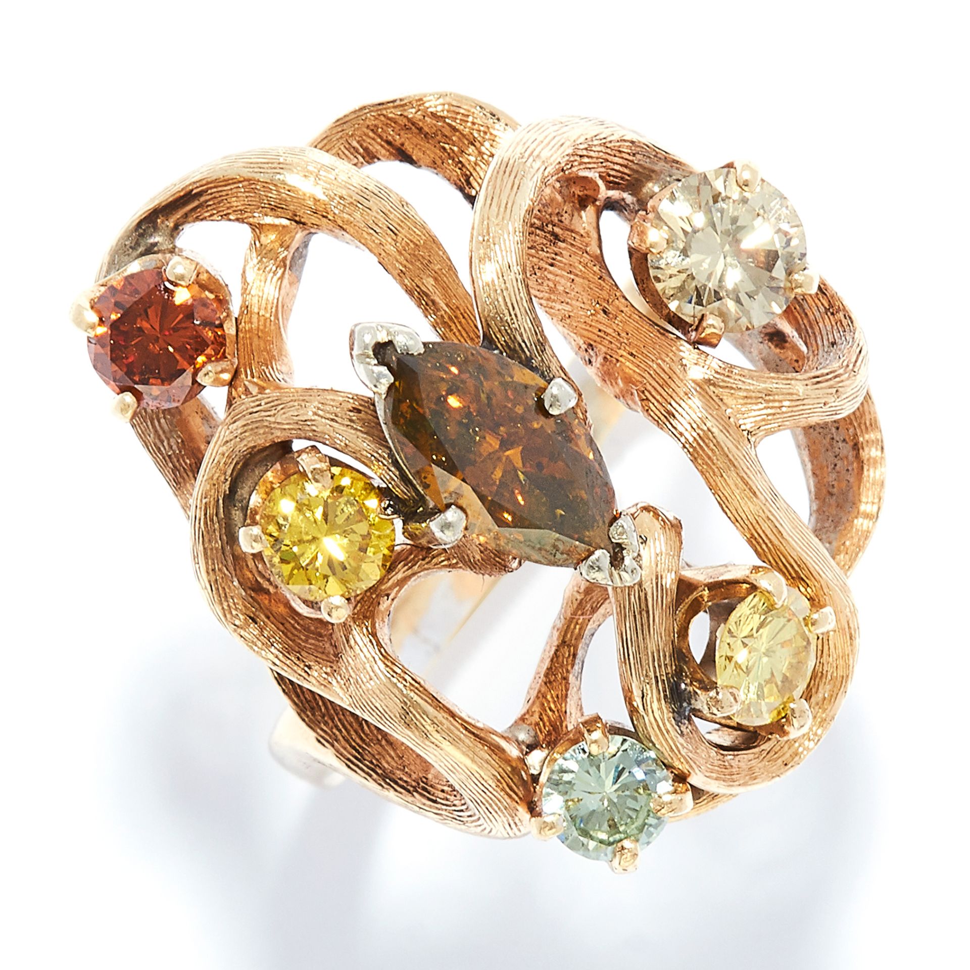 FANCY COLOUR DIAMOND RING in yellow gold, set with six marquise and round cut fancy colour