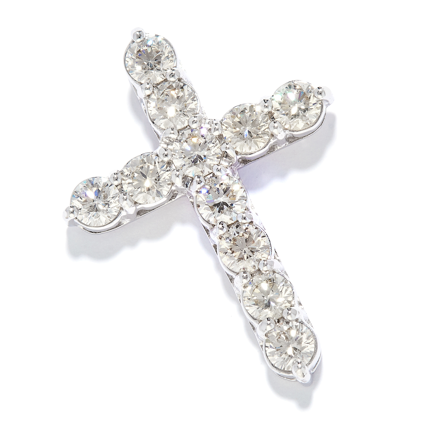 2.0 CARAT DIAMOND CROSS PENDANT in 18ct white gold, set with eleven round cut diamonds, unmarked,