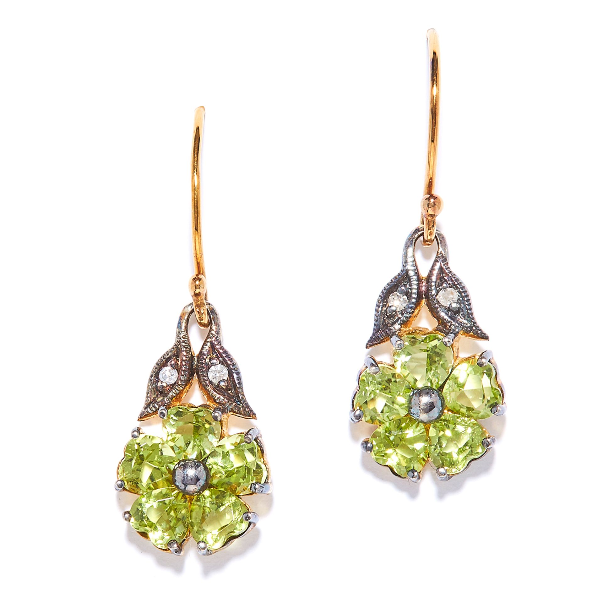 PERIDOT AND DIAMOND EARRINGS the flower design set with peridot below diamond accents, unmarked, 2.