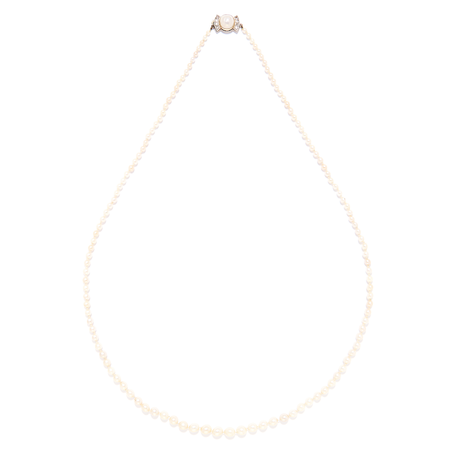 A PEARL AND DIAMOND NECKLACE in yellow gold, comprising of a single row of 127 pearls,with pearl and