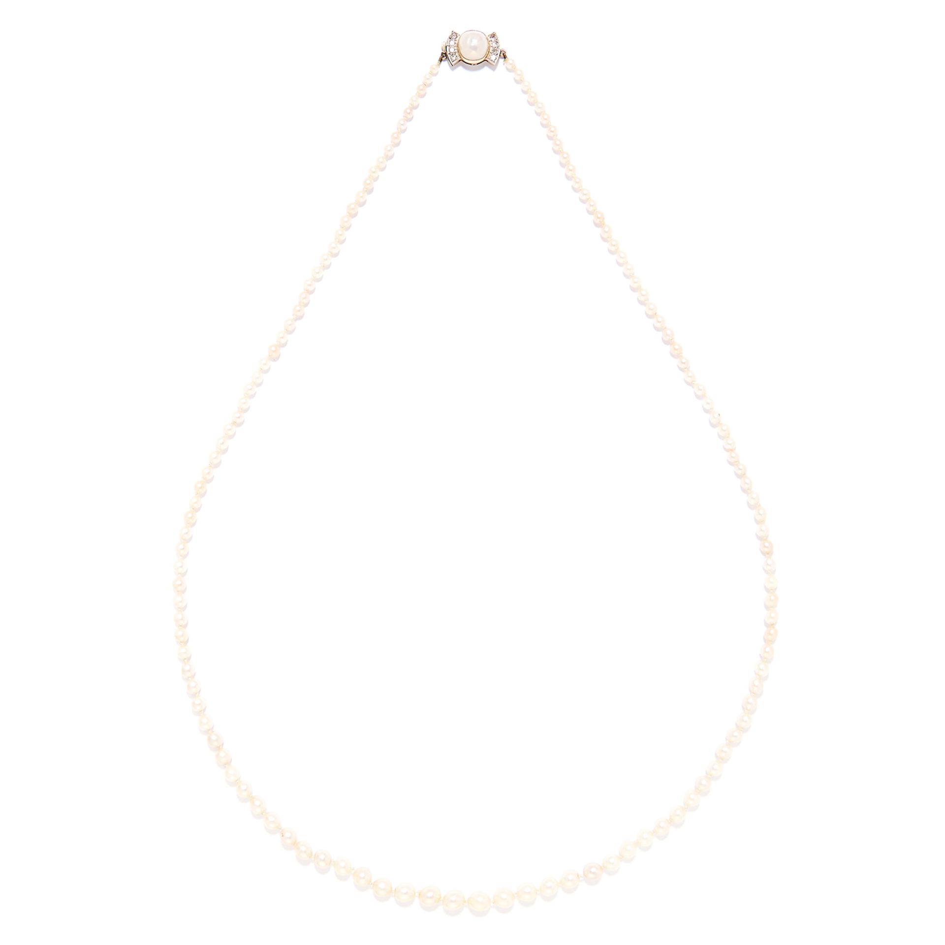 A PEARL AND DIAMOND NECKLACE in yellow gold, comprising of a single row of 127 pearls,with pearl and