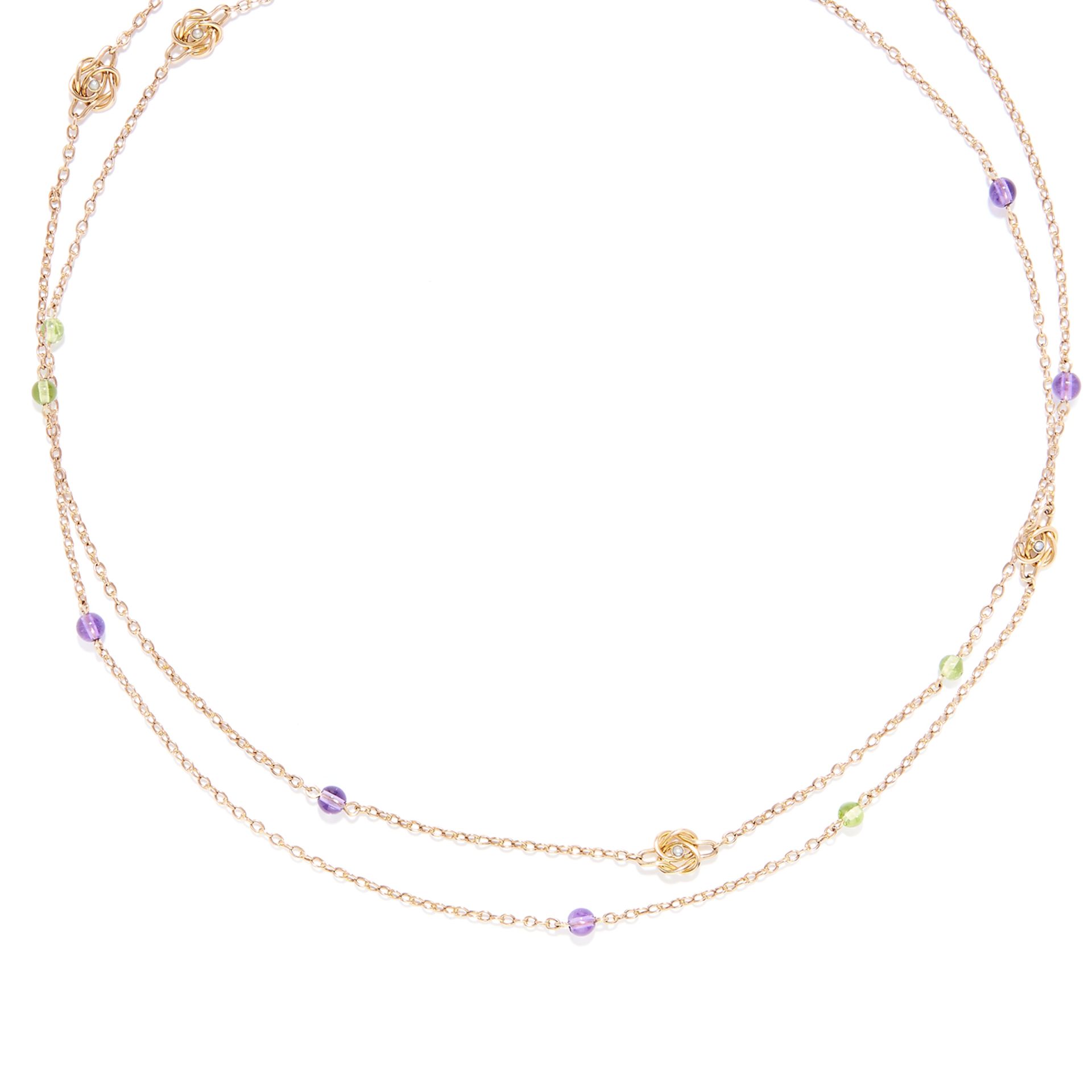 ANTIQUE PEARL, AMETHYST AND PERIDOT SUFFRAGETTE SAUTOIR NECKLACE in yellow gold, the longchain