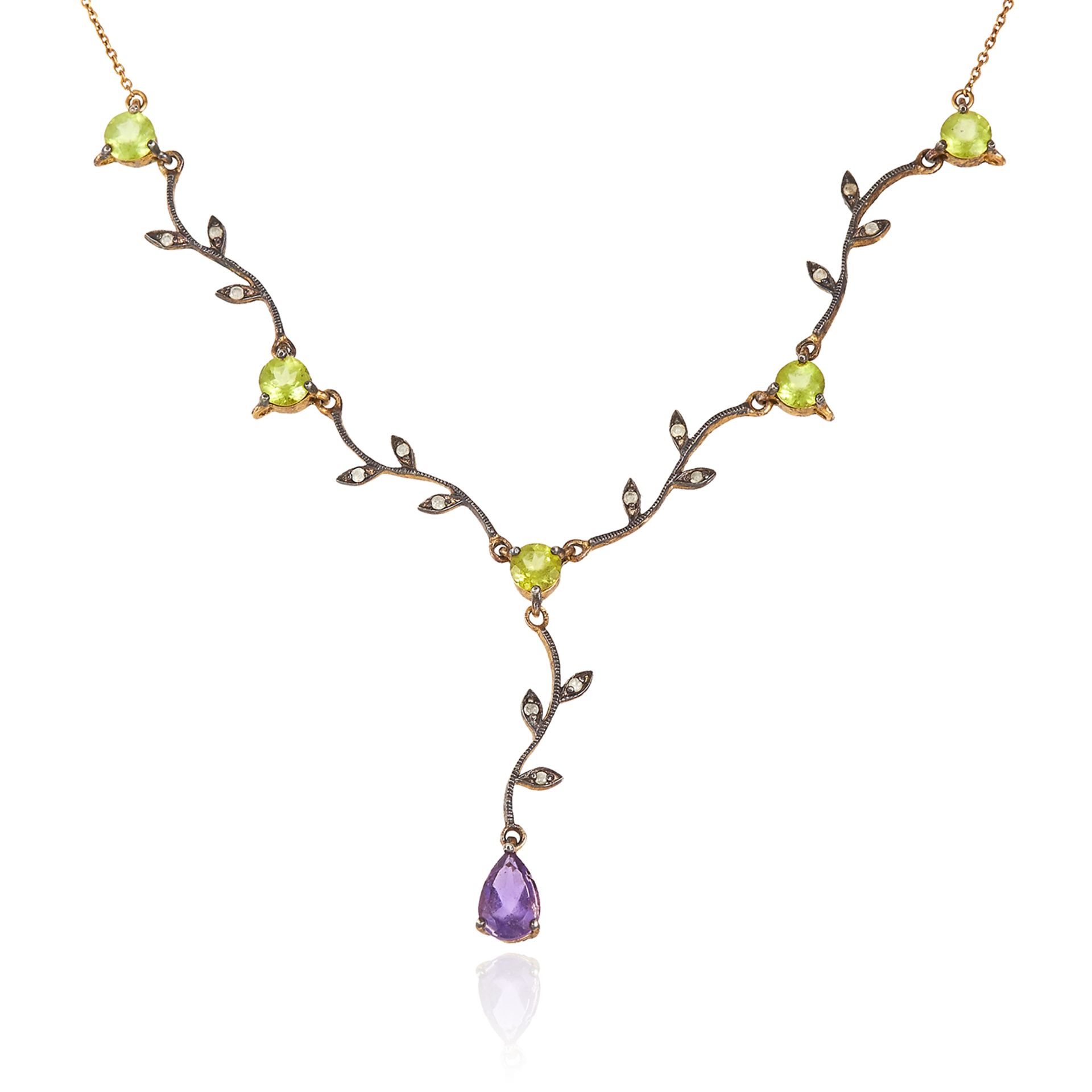 A PERIDOT, AMETHYST AND DIAMOND NECKLACE in yellow gold and silver, set with five round peridot