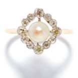 ANTIQUE PEARL AND DIAMOND DRESS RING in high carat yellow gold, set with a pearl of 6.2mm in a