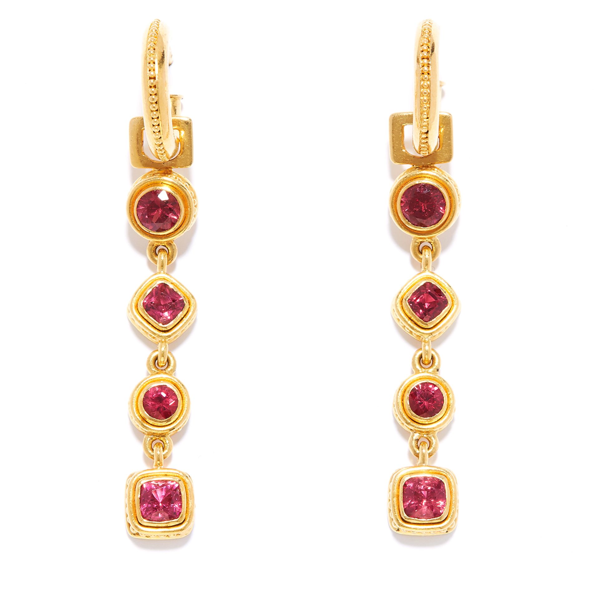 SPINEL DROP DAY AND NIGHT EARRINGS in 22ct yellow gold, each comprising a hoop suspending four