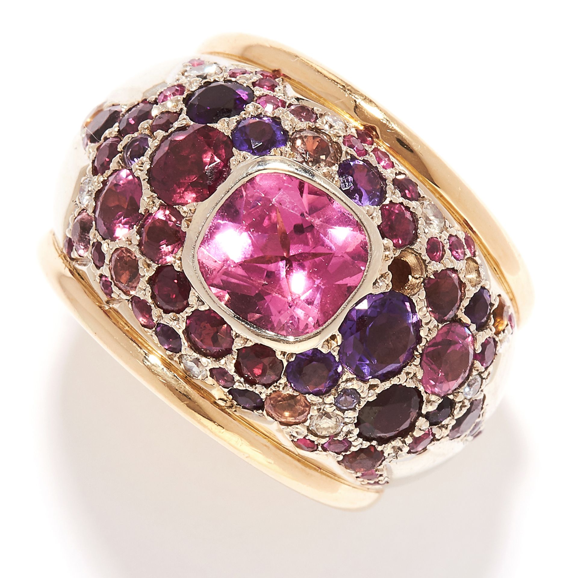 TOURMALINE AND DIAMOND BOMBE RING in 18ct yellow gold, of bombe design, set with a central cushion