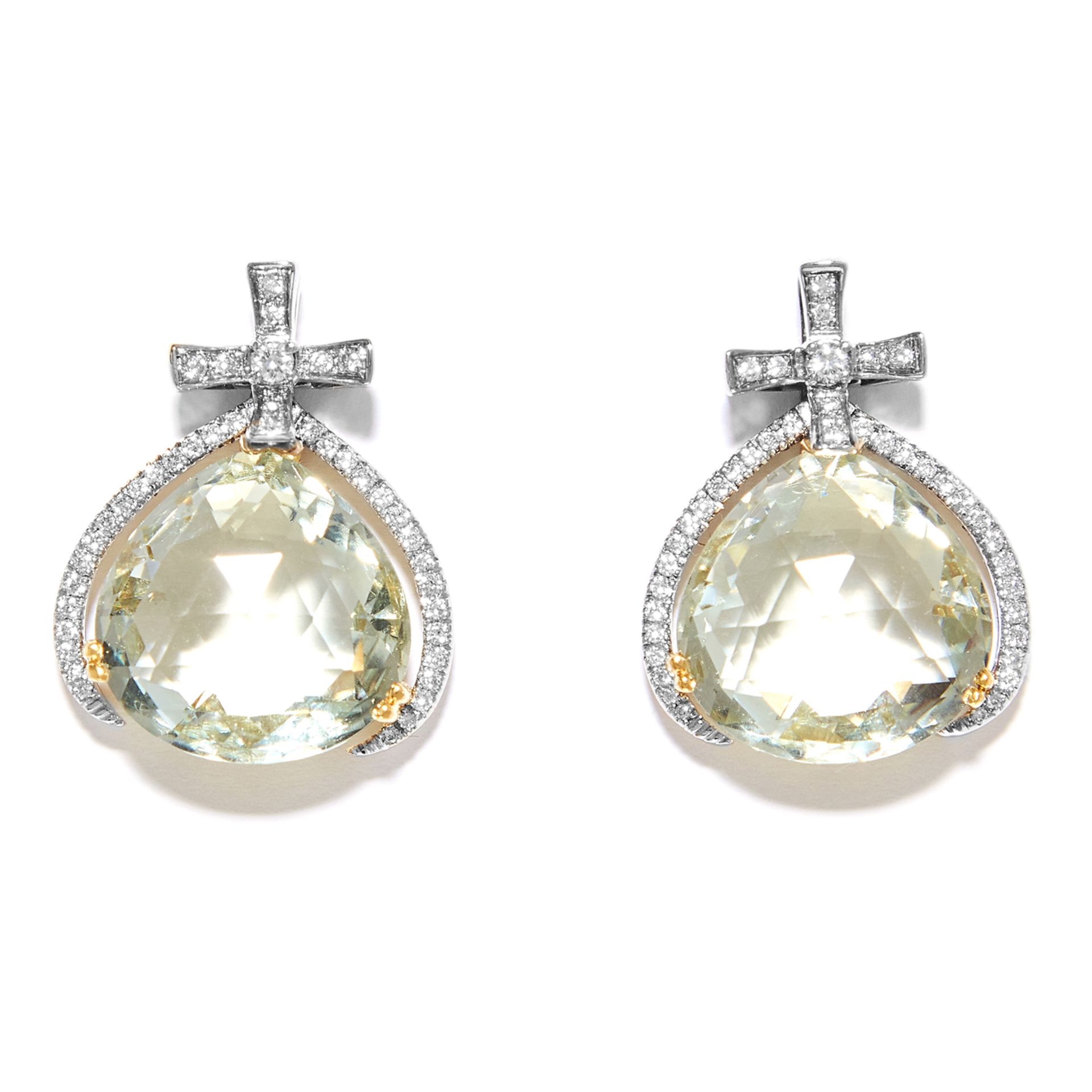 GREEN AMETHYST AND DIAMOND EARRINGS in 18ct white and yellow gold, the pear shaped green amethyst