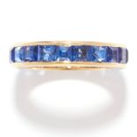 SAPPHIRE ETERNITY BAND RING in 18ct yellow gold, set with square cut sapphires, British hallmarks,