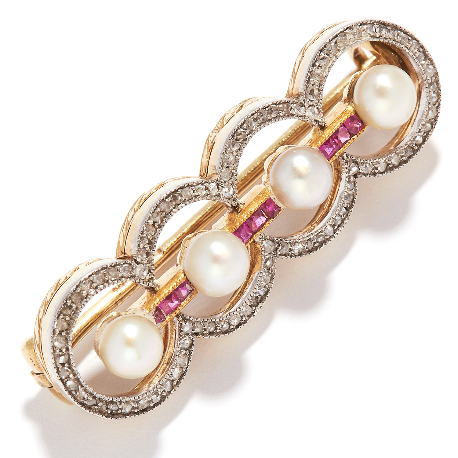 ANTIQUE IMPERIAL RUSSIAN PEARL, RUBY AND DIAMOND BROOCH, CIRCA 1910 in 56 zolotnik gold, set with